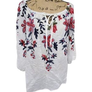 Anthropologie White Blouse with Red and Blue Floral Embroidery